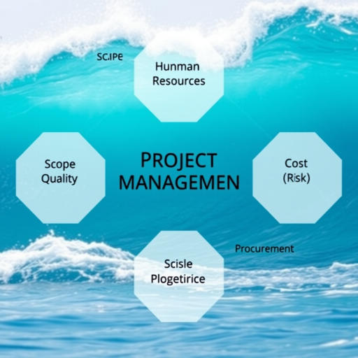 Create a high-resolution digital illustration of project management concepts, featuring interconnected hexagons labeled with "human resources," "scope," "quality," "time," "cost," "risk," "procurement," and "communication," overlaid on a dynamic blue wave background, using a DSLR camera with a 50mm lens, aperture set at f/4, ISO 100, and a clean focus for clarity.