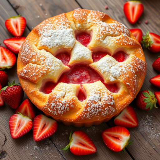 Create an image of a freshly baked strawberry dessert with a golden brown crust and a few slices cut out revealing the pink strawberry filling inside. Surround the dessert with scattered fresh strawberry slices on a rustic wooden surface. The dessert should appear moist and inviting, dusted lightly with powdered sugar on top.