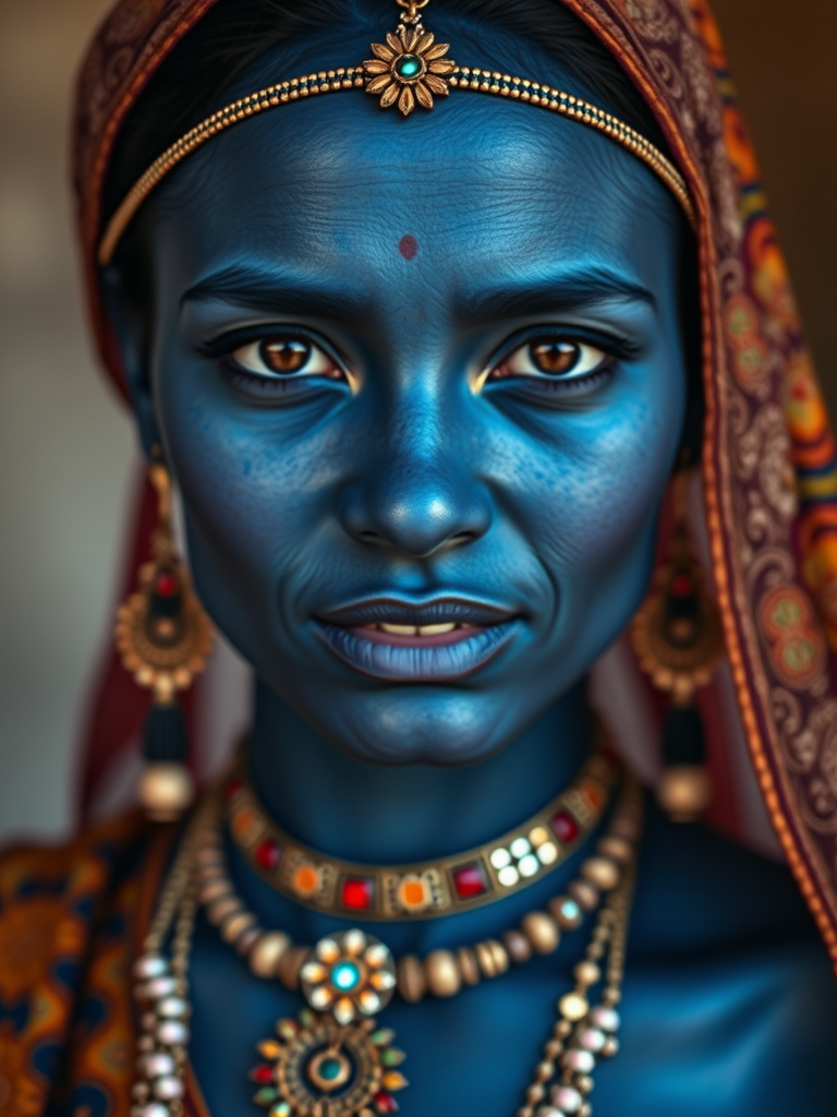 portrait of a woman with blue skin and traditional jewelry, medium shot, soft lighting, f/2.8 aperture, ISO 100, 50mm lens, high-resolution digital camera