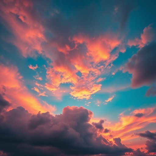 Vibrant sky filled with dramatic clouds in warm twilight colors, captured with a Canon EOS R5, 24mm lens, f/8 aperture, ISO 100, 1/250s shutter speed, high dynamic range, wide angle view, focusing on the interplay of light and color in the clouds.