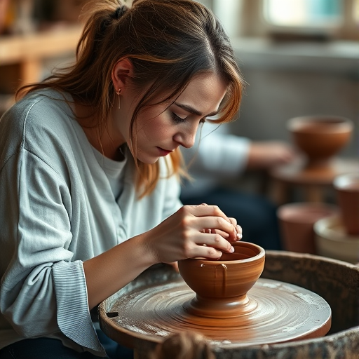 Soft-focus image of a woman at a pottery wheel, creating a ceramic piece, with soft light highlighting her concentration and the beautiful textures of clay around her.