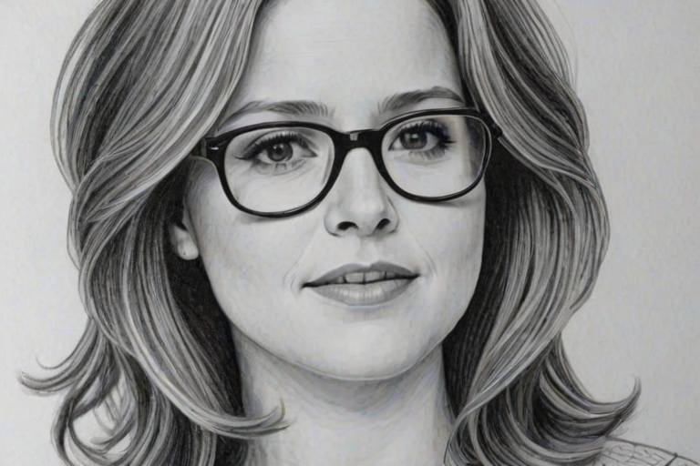 Delightful Jenna Fischer, pencil sketch, portrait of Alluring woman 1976s in glasses, hair style beatnik, outline, clear lines, fine lines, 8k
