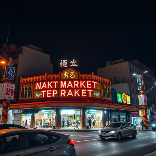 night market building illuminated at night with surrounding traffic, shot with a Canon EOS R5 at f/8, ISO 400, 1/60s, wide-angle lens, low-angle view, high dynamic range processing