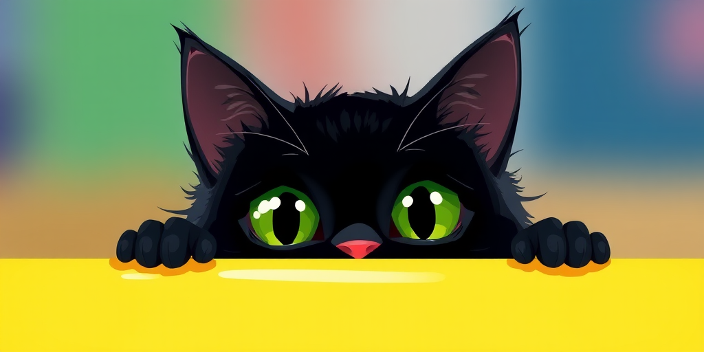 Create a whimsical illustration of a black cat with large green eyes peeking over a bright yellow surface, shot with a DSLR camera at f/2.8, 50mm lens, in soft focus to enhance depth, with vibrant colors and high contrast for a playful look.