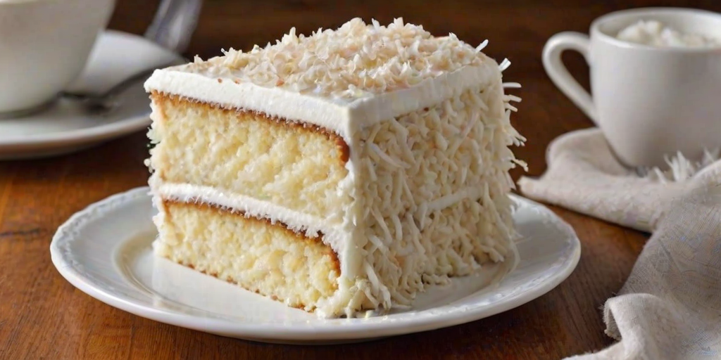 Create an image of a slice of a layered white cake with a smooth cream filling. The cake should have a fluffy white frosting topped with shredded coconut and decorative coconut balls. Set the slice on a white plate, showcasing the layers and the texture of the frosting. Include a blurred background of the whole cake on a rustic wooden table.