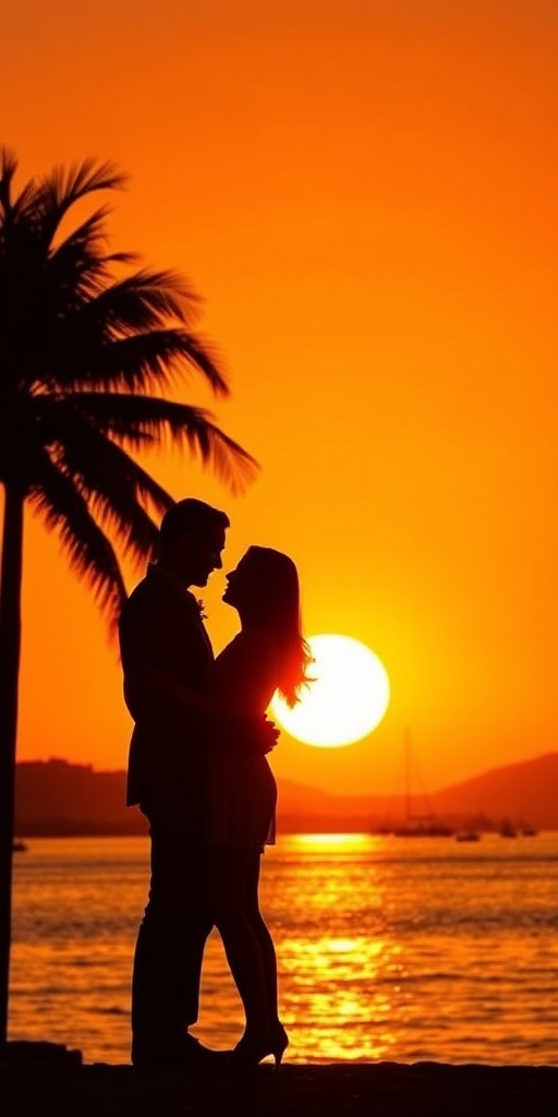 Generate a romantic sunset scene featuring a couple silhouetted against an orange sky with palm trees and sailboats in the distance, shot with a DSLR camera at f/11, ISO 100, 1/200 sec, in landscape mode with a warm color filter.