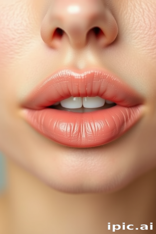 Soft peach lip tint enhances natural lip color, creating a fresh, dewy look that emphasizes the lips' youthful plumpness and subtle pink undertones