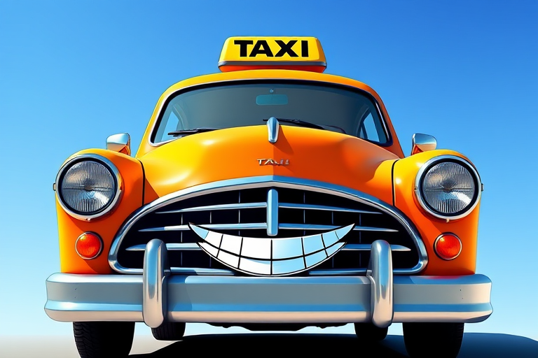 Create a vibrant, cartoon-style illustration of a classic taxi car with a large, exaggerated smile, using a front view perspective, with a clear blue sky background, camera settings at ISO 100, aperture f/8, shutter speed 1/250s, using a DSLR camera to enhance image quality.
