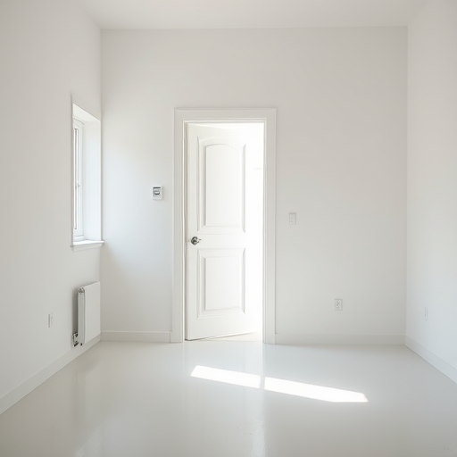 interior of a minimalist room with an open white door emitting bright light, a window partially open, soft shadows, high dynamic range, shot with a Canon EOS R5, 35mm lens, f/1.8 aperture, ISO 100, 1/200s shutter speed, natural light, wide-angle view