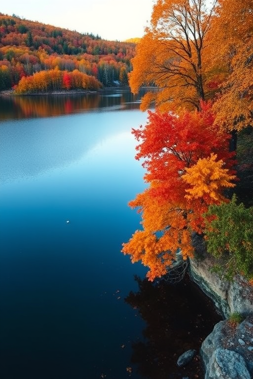 Landscape photograph of a serene lake surrounded by vibrant autumn foliage, captured with a DSLR camera at 50mm focal length, f/8 aperture, ISO 100, 1/200 sec shutter speed, using a soft natural light with a slight golden hour glow.