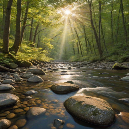 Create an image of a serene, sunlit forest scene with a clear, gently flowing river. Tall trees with lush green foliage line both sides of the river, their leaves bathed in the warm golden light of the setting or rising sun. The sunlight filters through the trees, casting soft, dappled light on the river, which flows over smooth rocks and pebbles, creating a peaceful, natural atmosphere. The sky is bright with a few scattered clouds, and the overall mood is tranquil, evoking a deep sense of connection with nature. The image captures the beauty of a calm, pristine forest landscape at either dawn or dusk.
