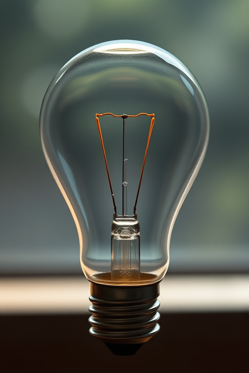Create a high-resolution digital illustration of a light bulb with a clear glass surface and visible filament, using a Canon EOS 5D Mark IV, 50mm lens, aperture f/2.8, ISO 100, soft natural lighting with a slight vignette effect.