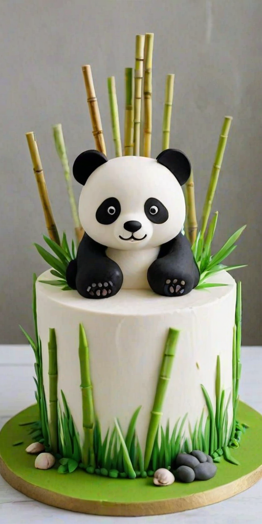 Create a cute panda-themed cake featuring a round white cake surrounded by bamboo sticks. The top should have small panda figurines scattered around, with green leaves and grass accents for decoration. The overall look should be playful and inviting, perfect for a celebration.