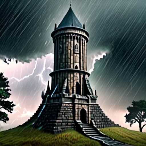 Mystical wizard's tower in the middle of a storm, digital fantasy art style