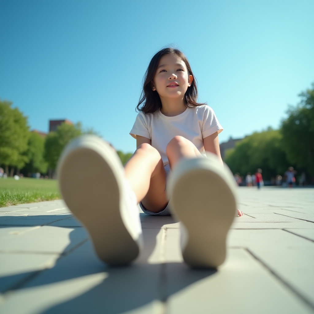 Generate an ultra-realistic, highly detailed, high-definition photograph. It's a photo of a girl sitting on the floor. She's looking at the horizon. The photo is taken from the bottom up, at ground level. The girl's sneakers are in the foreground, in the center of the scene. The girl is wearing light clothes, a t-shirt and short shorts. The sky is blue. Bright environment. The background is a blurred image of a park.