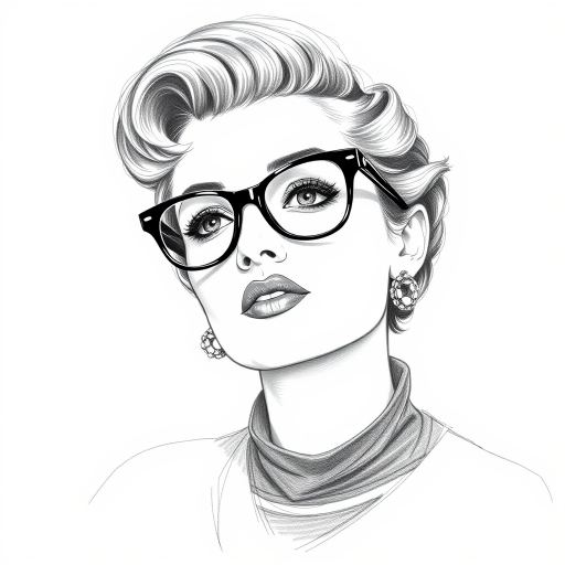 Beautiful Bette Davis, pencil sketch, portrait of beautiful woman 60s in glasses, hair style beatnik, outline, clear lines, fine lines, 8k