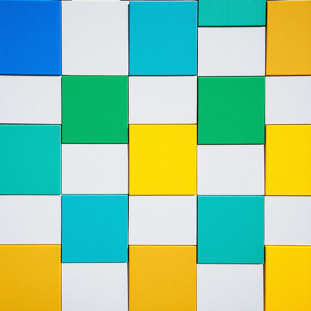 Create a vibrant pattern consisting of alternating blue, green, yellow, and gray squares arranged in a grid format, taken with a DSLR camera at f/8, ISO 100, 24mm lens, top-down view, using natural lighting to enhance clarity and color depth.