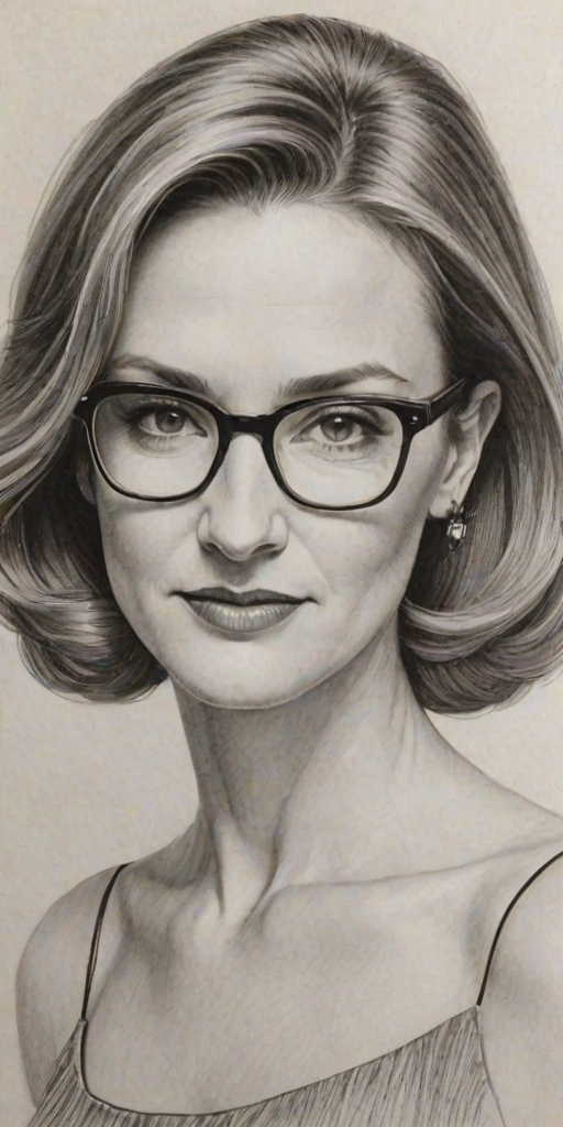 Stunning Brenda Strong, pencil sketch, portrait of Bewitching woman 1964s in glasses, hair style beatnik, outline, clear lines, fine lines, 8k