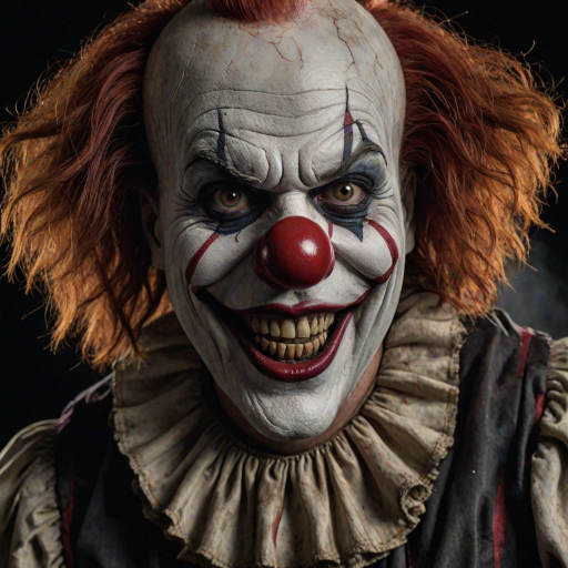 Create a hyper-realistic, dark, and eerie clown with a sinister smile, set against a black background. The clown should have exaggerated makeup with sharp, contrasting colors to enhance its menacing appearance. The overall atmosphere should be unsettling and intense, capturing a sense of horror and suspense