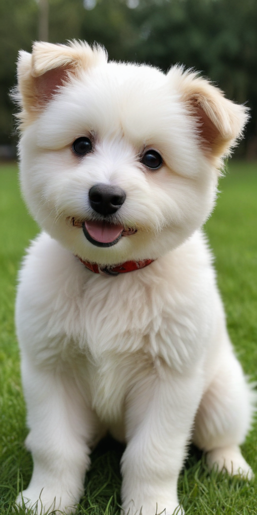 Adorable Fluffy Puppy Sitting Happily on Green Grass in the Park.