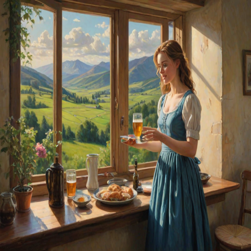 In "A Glass of Beer on the Highland," a serene scene is depicted in a sunlit room where a woman in a vibrant blue dress stands by a large window. She holds a tray with a hearty meal and a frothy glass of beer, embodying a moment of relaxation. Outside, the breathtaking highland landscape features rolling green hills and a charming traditional house, all bathed in warm afternoon light. The interior is adorned with potted plants, creating a harmonious blend of comfort and nature. The painting beautifully captures the tranquility and joy found in simple pleasures amidst stunning scenery
