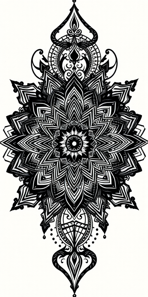 Blackwork tattoo "Shadow Realm" featuring intricate mandala designs and sacred geometry patterns in solid black ink, creating a mesmerizing optical illusion effect