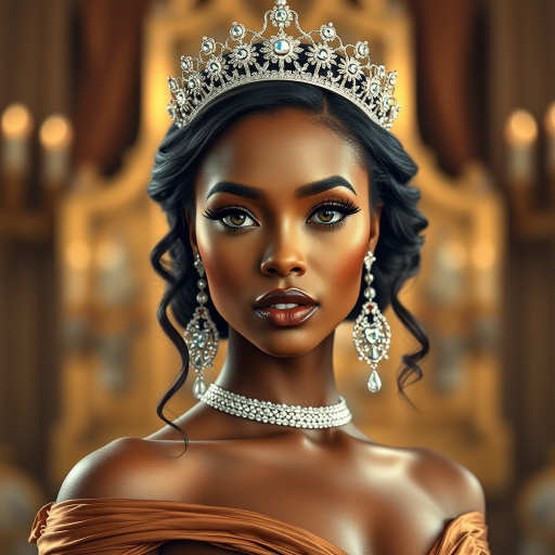 A gorgeous African American woman in a luxurious brown gown, accessorized with a dazzling tiara and statement earrings, her deep white eyes highlighted by impeccable makeup, poised in a royal setting, photorealistic, 8K quality