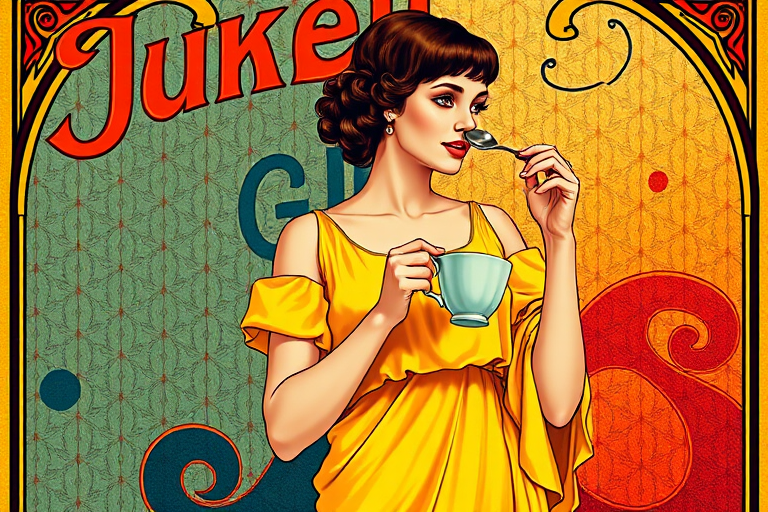Regenerate a vibrant art nouveau poster featuring a woman in a yellow dress holding a spoon and cup, set against a colorful background with swirling text, shot with a Canon EOS R5, 50mm lens, f/1.8, ISO 100, in natural light to enhance colors and sharpness.