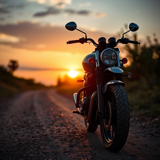 Capture a motorcycle parked on a dirt road at sunset with a shallow depth of field, aperture f/2.8, ISO 400, 50mm lens, soft golden hour lighting, DSLR camera, landscape orientation.