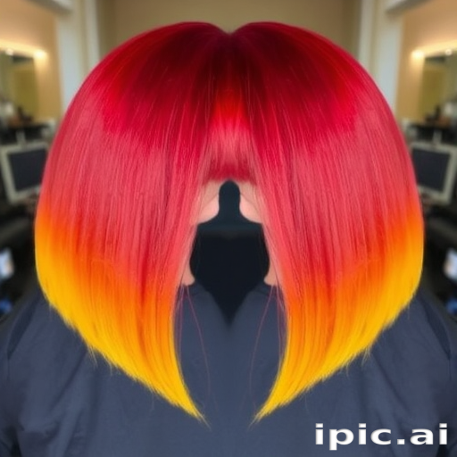 Fiery red ombre hair transitioning to bright yellow tips, styled in a sleek and straight bob with blunt bangs, creating a bold and eye-catching look reminiscent of flames called Phoenix Plumage