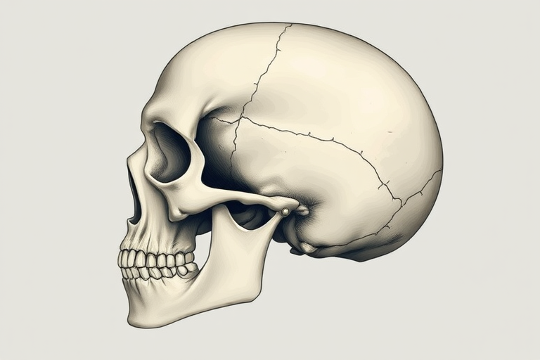 Generate a detailed illustration of a human skull, side view, with high contrast and smooth shading, using a DSLR camera with an aperture of f/8, shutter speed of 1/100s, ISO 200, and a macro lens to enhance image clarity and depth.