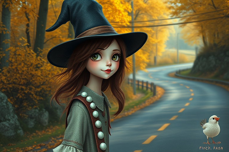 digital art fantasy depicting a strange girl with brown hair, long eyelashes, white lipstick and a tall hat walking along a winding road on an autumn afternoon, an Finch smiles as she passes