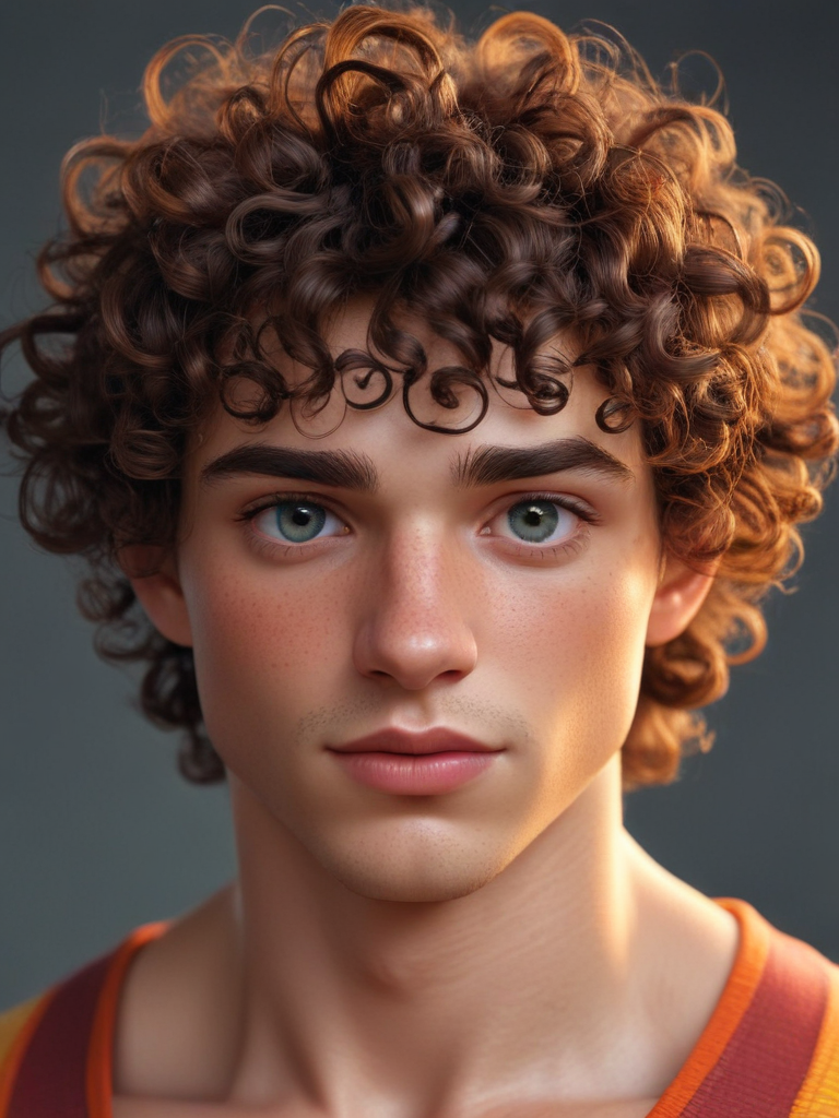 Young Man with Curly Hair and Captivating Eyes in Soft Lighting.
