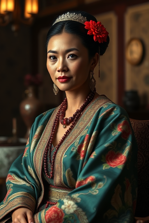 A beautiful Aboriginal Australian woman in traditional East Asian attire, intricately detailed with embroidered patterns, sitting gracefully in a richly decorated room, soft ambient lighting, serene and elegant, ultra-realistic, 8K resolution