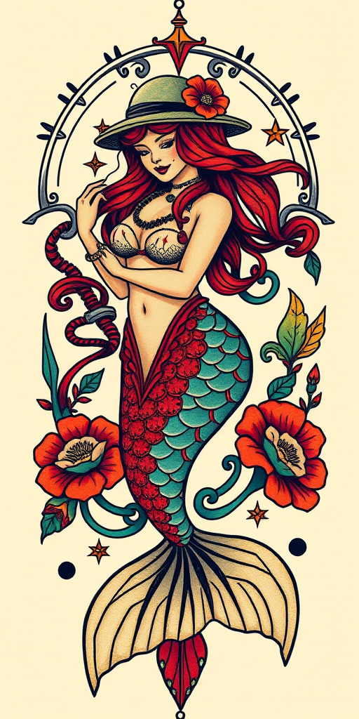 Neo-traditional mermaid tattoo with vivid colors and bold outlines, adorned with nautical elements and art deco-inspired ornamental details for a stunning vintage-inspired design