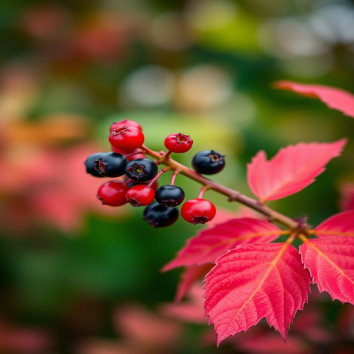 Capture a close-up of red and black berries on a branch with vibrant red leaves against a blurred green background using a DSLR camera, 85mm lens, aperture f/2.8, shutter speed 1/250s, ISO 400, soft natural lighting, shallow depth of field.
