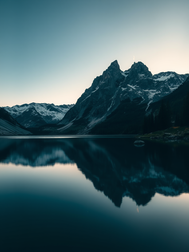 Create a serene mountain landscape at dawn with a smooth lake reflecting the peaks, using a DSLR camera with a 50mm lens, aperture set to f/8, shutter speed 1/125 sec, ISO 100, in landscape orientation for enhanced clarity and detail.