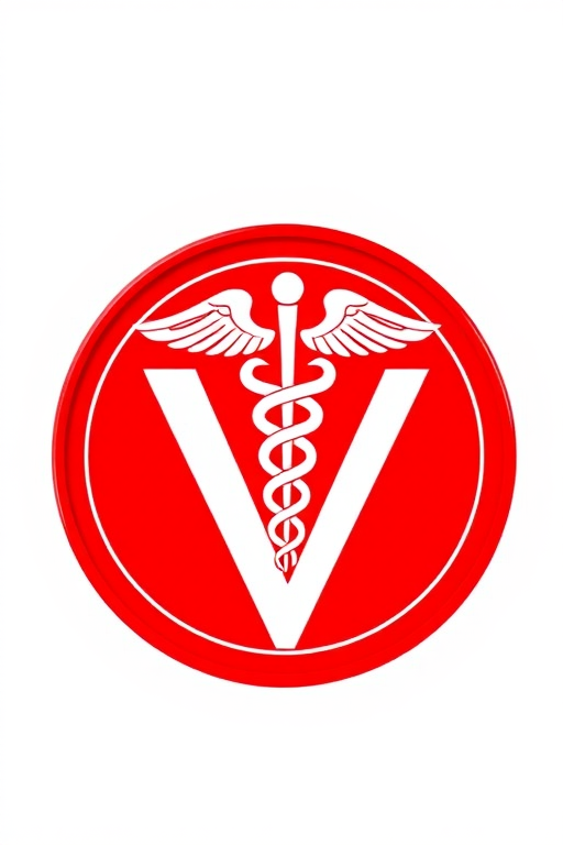 Create a high-resolution image of a red circular emblem featuring a prominent white letter V with a medical caduceus symbol incorporated, shot with a Canon EOS R5 at f/8, ISO 100, 1/200 sec, using a macro lens for sharp detail, with a center focus view, and a clean, professional vector style.
