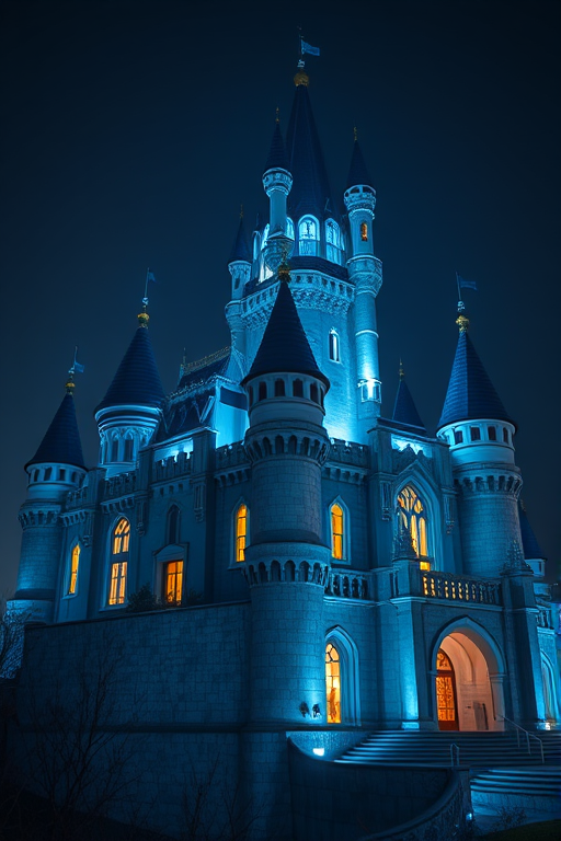 regenerate a futuristic castle with glowing blue accents, shot with a Canon EOS R5, 24mm f/1.4 lens, ISO 200, f/2.8, long exposure, night mode, cinematic view, high dynamic range for enhanced colors and details