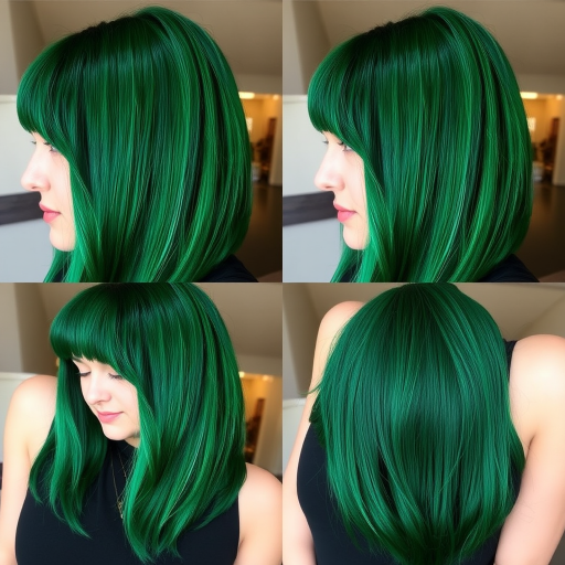 Lush forest green tresses styled in a sleek, chin-length bob with blunt bangs and subtle emerald undertones, showcasing the nature-inspired "Evergreen Chic" look