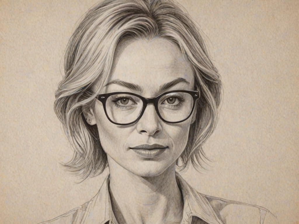 Delightful Portia de Rossi, pencil sketch, portrait of Enchanting woman 1972s in glasses, hair style beatnik, outline, clear lines, fine lines, 8k