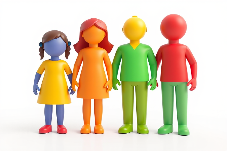 Create a vibrant 3D rendering of four stylized human figures in bright colors representing a family, with a white background, using a Canon EOS R5, 50mm lens, f/2.8, ISO 100, and a slight 45-degree angle for depth perception.