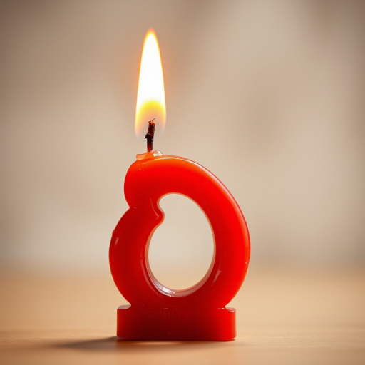 Create a high-resolution image of a red number 8 candle with a bright flame on top, using a DSLR camera with a f/2.8 aperture, 50mm lens, 1/125 shutter speed, and a soft-focus background for enhanced depth and clarity.