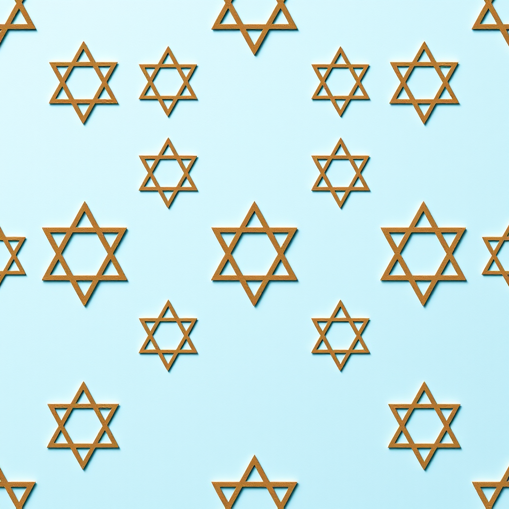 Create a repeating pattern of Star of David symbols on a light blue background, using a digital camera with a focal length of 50mm, aperture set to f/8, ISO 100, and a shallow depth of field for a soft background effect.