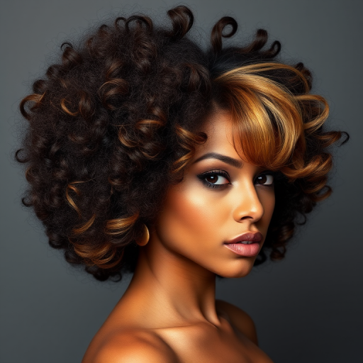 Fierce woman sporting a voluminous afro with defined curls, highlighted with golden honey streaks and styled with a bold side part