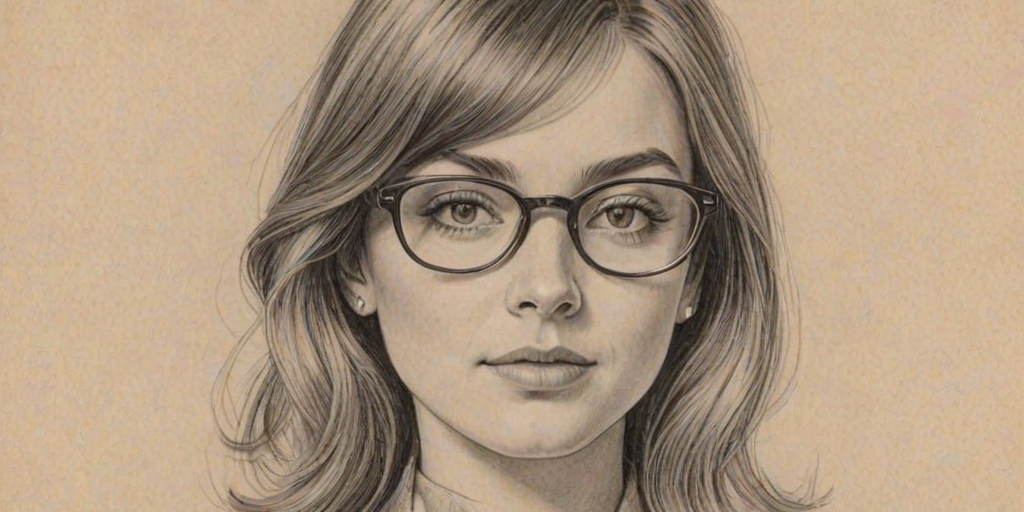 Magnificent Natalie Dyer, pencil sketch, portrait of Gorgeous woman 1973s in glasses, hair style beatnik, outline, clear lines, fine lines, 8k