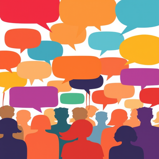 Create a vibrant illustration of diverse cartoon-like speech bubbles above silhouettes of people in various colors, using a shallow depth of field, 50mm lens, f/1.8 aperture, and bright, even lighting for clarity and impact.