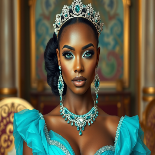 A gorgeous Garifuna woman in a luxurious cyan gown, accessorized with a dazzling tiara and statement earrings, her deep green eyes highlighted by impeccable makeup, poised in a royal setting, photorealistic, 8K quality