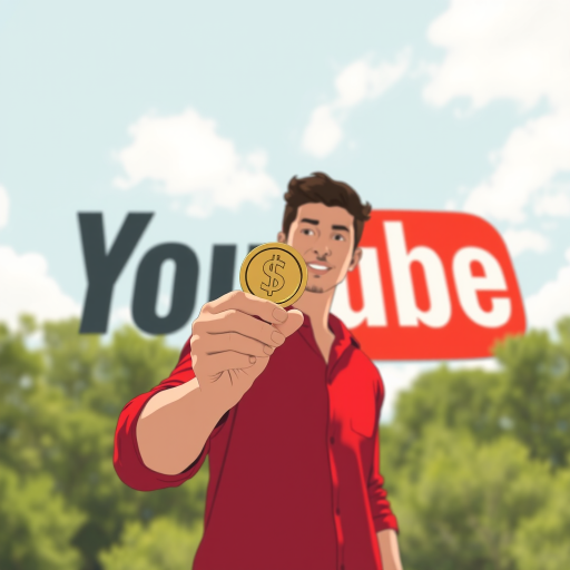 Create an illustration of a person in a red shirt holding a dollar coin next to a large YouTube logo, using a 50mm lens, f/1.8 aperture, natural lighting, shot from eye level with a digital mirrorless camera for enhanced clarity and detail.