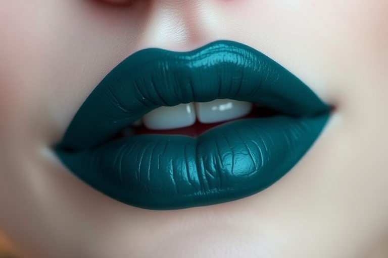 Deep teal cream lipstick with a subtle blue shift, titled "Mermaid's Secret," boasting full coverage and a smooth application, suited for creating mystical and enchanting looks